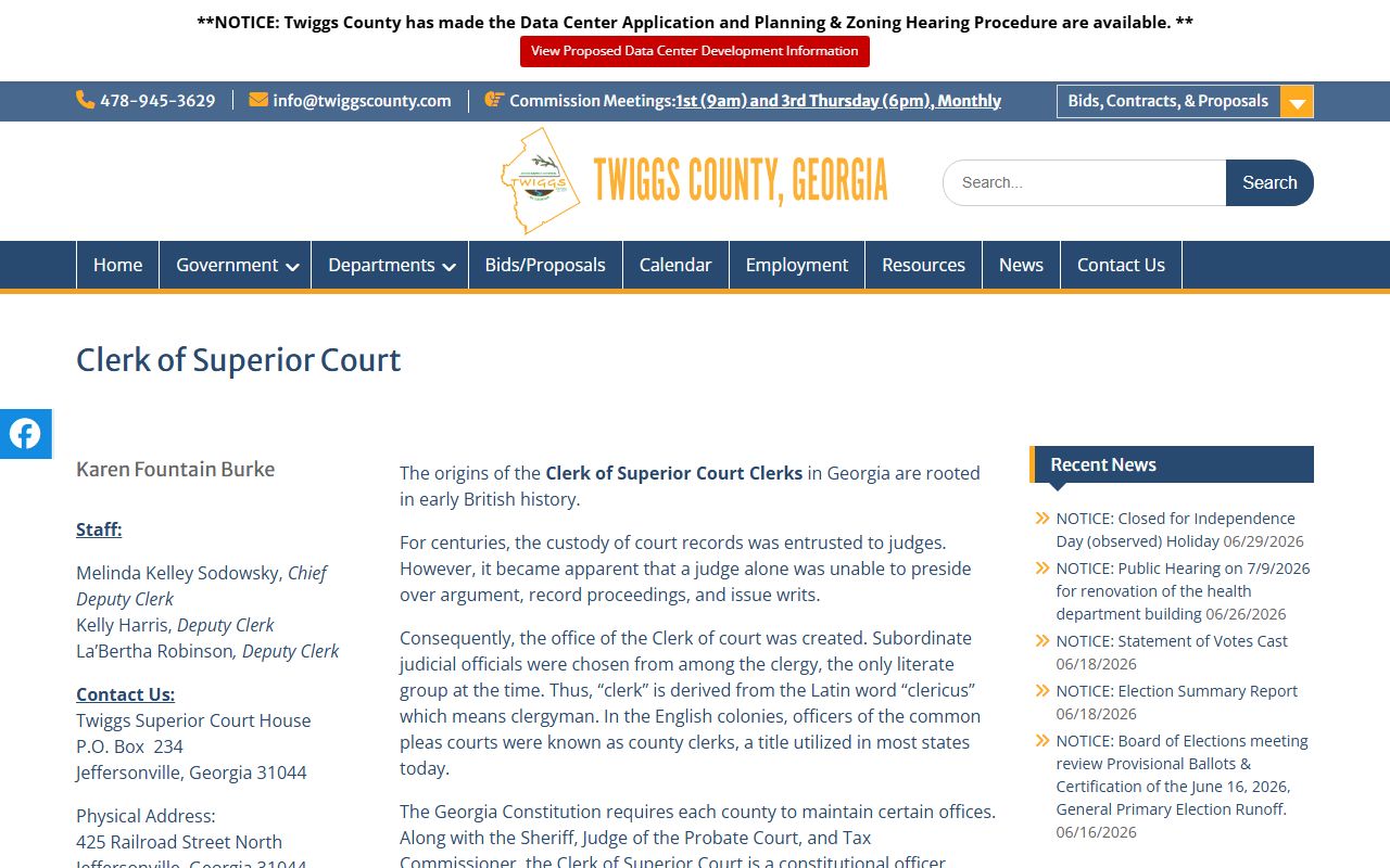 Twiggs County Clerk of Superior Court records page
