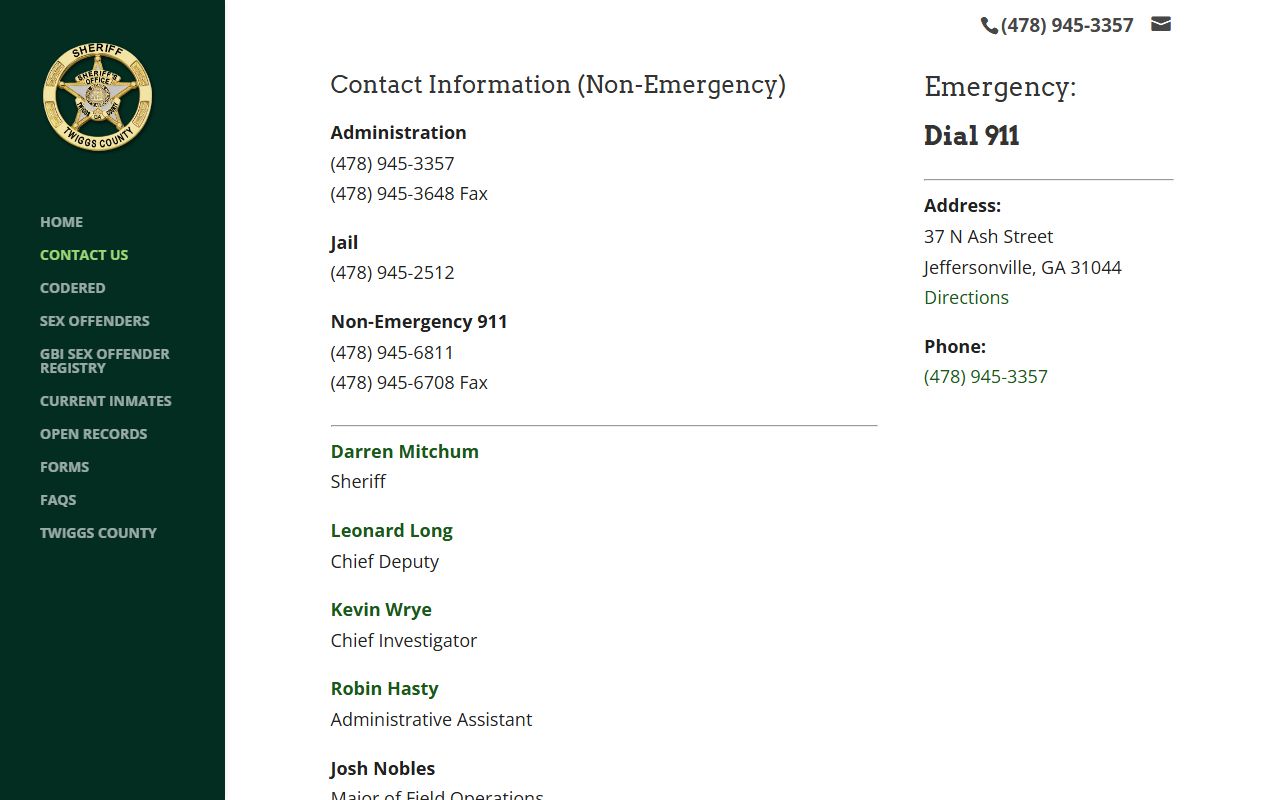 Twiggs County warrant records sheriff contact page